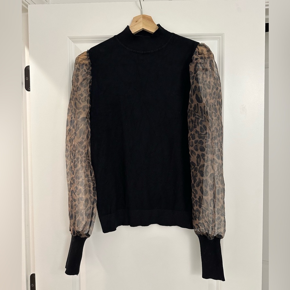 Sioni Black Top with Leopard Print Sleeves